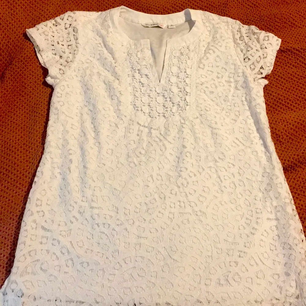 Short sleeve loose fitting knit eyelet top